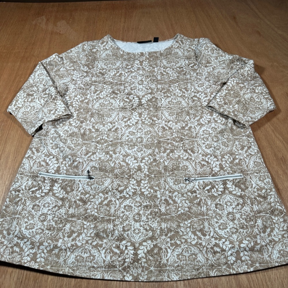 Susan Graver Weekend Tunic Women L Tan Floral French Terry Zipper Pockets